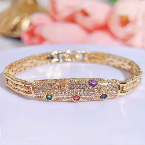 Luxury Gold Plated Bracelet with Multicolor Round Synthetic Cubic Zirconia - Picture 1 of 7